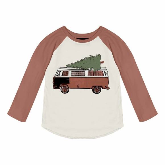 NEW TINY WHALES kids' christmas mobile longsleeve raglan tee in natural/brick - Picture 1 of 1